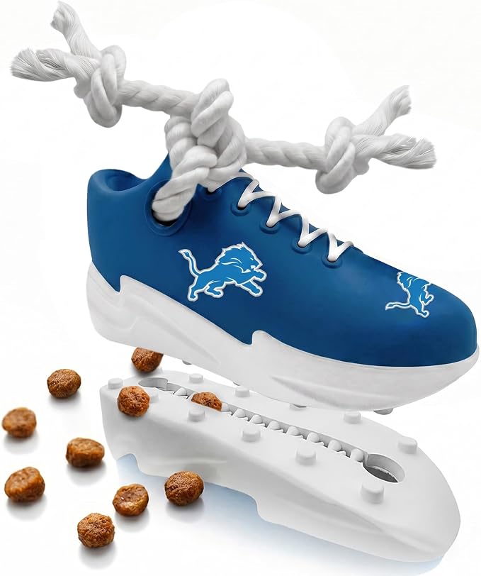 Pets First NFL Detroit Lions Cleat Sneaker Spike Dog Toy, Football Treat Dispenser Chew Toy for Dogs, Interactive Rope Tug Toy, Slow Feeder Natural Rubber Dog Toy with Official Team Logo