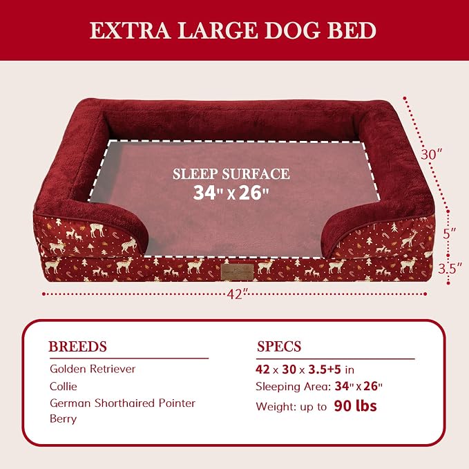 Comfort Expression Orthopedic Dog Bed for Extra Large Dogs with Bolster | Waterproof Dog Couch Bed with Washable Cover & Non-Slip Bottom, Supportive Egg Crate Foam XL Pet Bed, 42x30 Inch