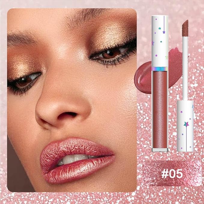 evpct 1Pcs Mauve Red Metallic Shimmer Glitter Lip Gloss Liquid Lipstick Long Lasting Waterproof 24, Glitter Pearlescent Metallic Sparkly Glossy Liquid Lipsticks Lip Stain Makeup Set for Women 05#