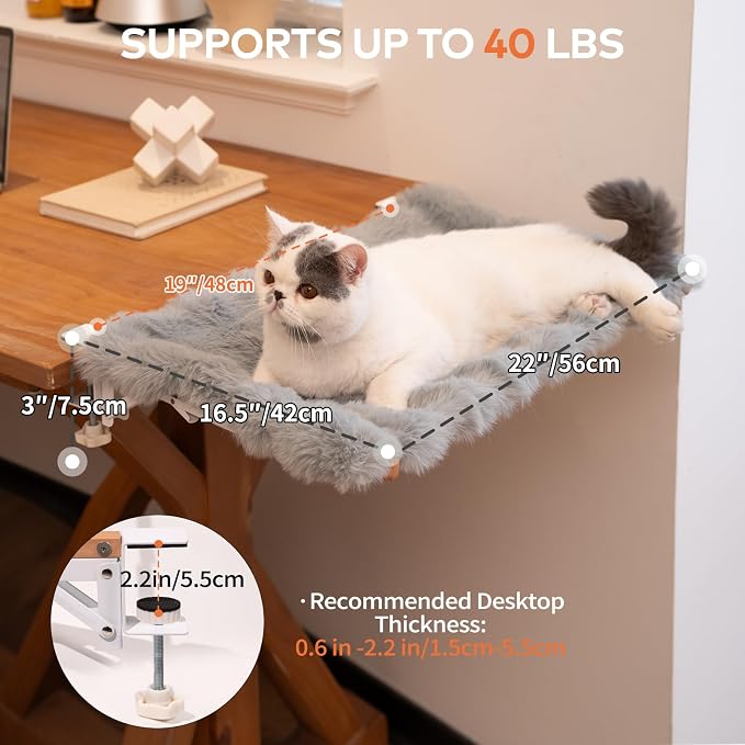 CHEERPALS Cat Desk Bed with Cushion Washable, 90°Fold Down Cat Hammock for Desk Mounted, Indoor Cats Furniture Supports 35lbs Suitable for Small-to-Medium Cats(Grey)