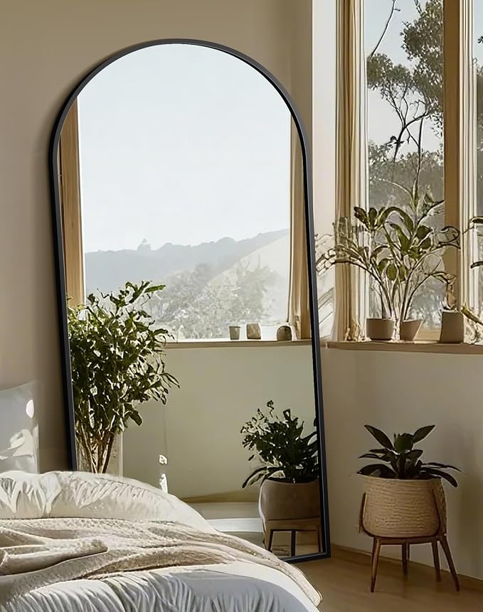 Arched Full Length Mirror with Stand, 70x35 Black Floor Mirror | Aluminium alloy frame with HD float glass for distortion-free reflection. Free standing or wall mounted.