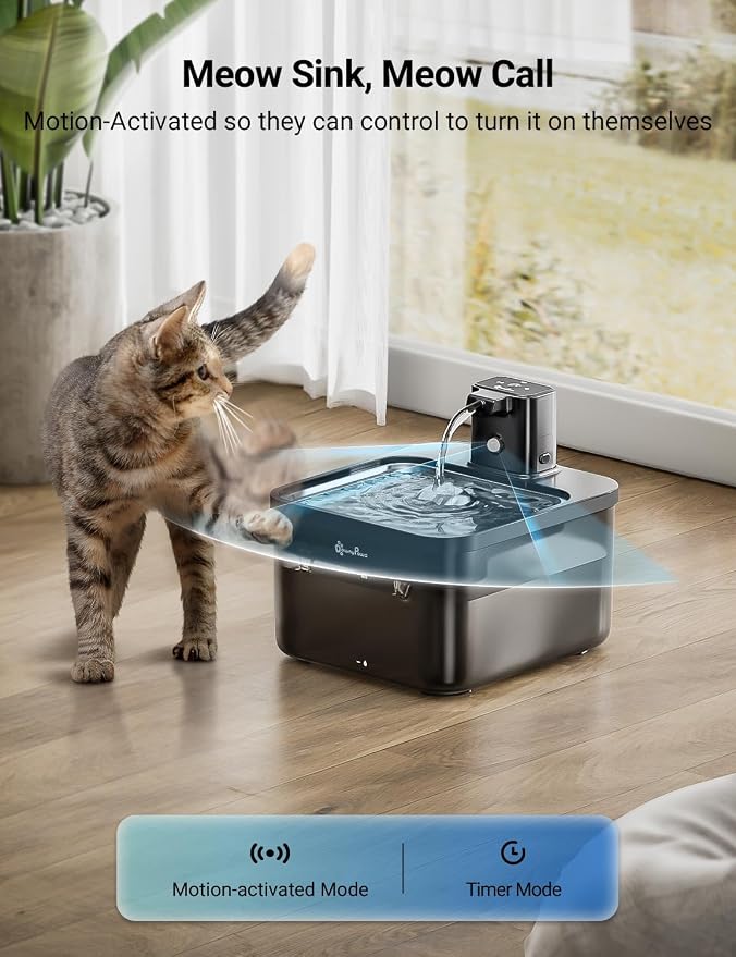 DownyPaws Cat Water Fountain Cordless, Pet Fountain, Black Pro, 6 Filters | Wireless Cat Drinking Water Fountains for Cats Indoor, Fursink , Battery Operated, Motion Sensor, Ultra Quiet Pump, BPA-Free
