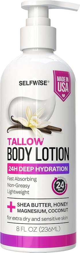 Beef Tallow Body Lotion with Magnesium, Shea Butter, Avocado, Honey - Natural Lotion with Vitamin E - Fast Absorbing, Non-Greasy Moisturizer for Dry & Sensitive Skin, Daily Hydrating Body Cream