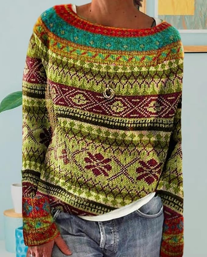 Zhyaj Fair Isle Sweater for Womens Winter Long Sleeve Vintage Knitted Sweater Casual Fall Crew Neck Pullover Sweaters