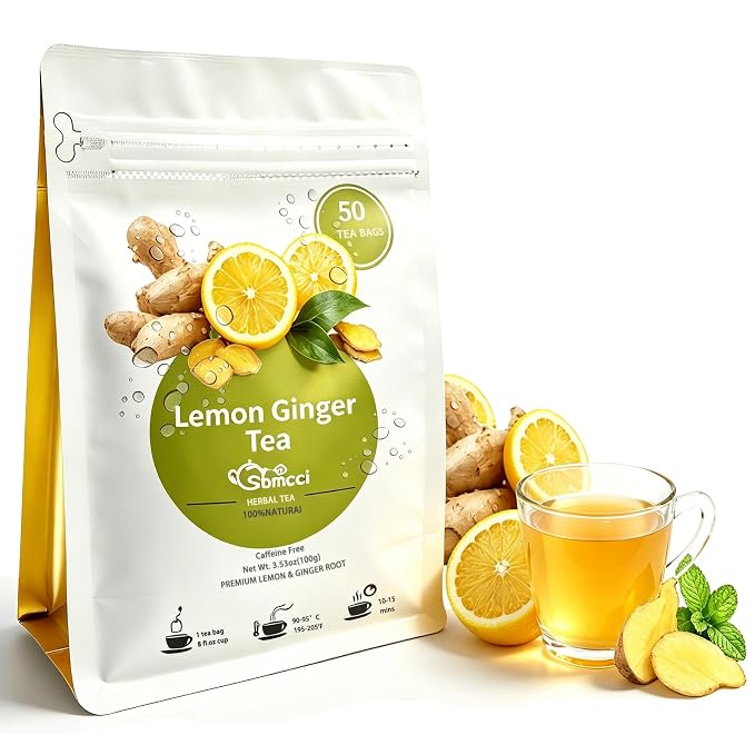 Samcci - Lemon Ginger Tea Bags, 50 Teabags - Great Hot or Iced – Aromatic, Natural, Pleasantly Spicy & Warming - Non-GMO - Caffeine-free - Support Healthy Digestion & Boost Immunity