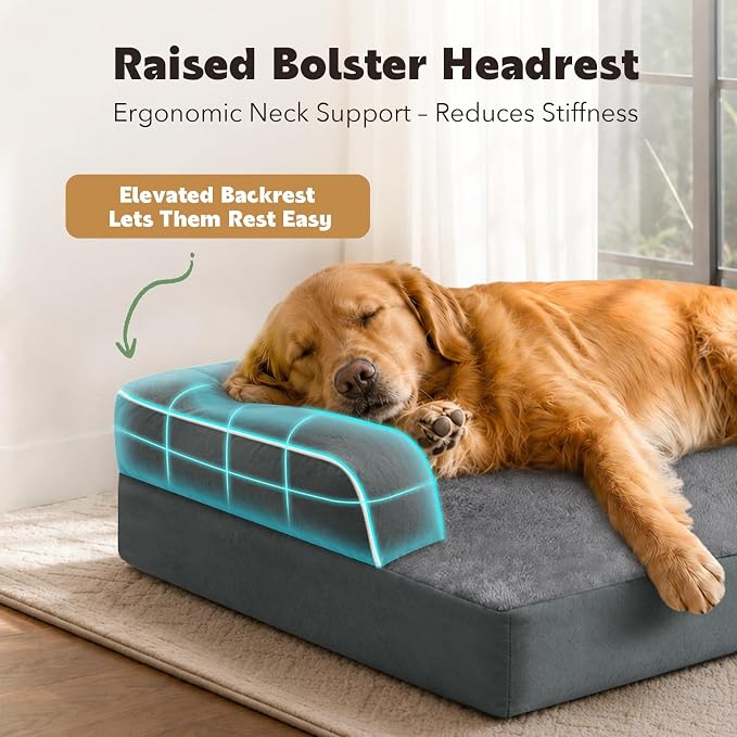 Orthopedic Comfy Washable Dog Bed with Bolster for Medium Small Dogs | Pillow Support for Neck Relief, Egg Crate Foam, Skin-Friendly Surface, Waterproof Liner, Anti-Slip Bottom, 28 x 21 Inch