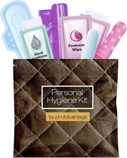 Menstrual Kit All-in-One | Convenience on The Go | Single Period Kit Pack for Travelling, Tweens & Teenagers or Emergency situations | Individually Wrapped Feminine Hygiene Products (Leather Dark)