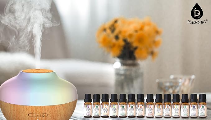 Pursonic Aromatherapy Diffuser & Essential Oil Set-Ultrasonic Diffuser & Top 14 Essential Oils-300ml Diffuser with 2 Mist Settings & 7 Ambient Light Settings-Therapeutic Grade Essential Oils