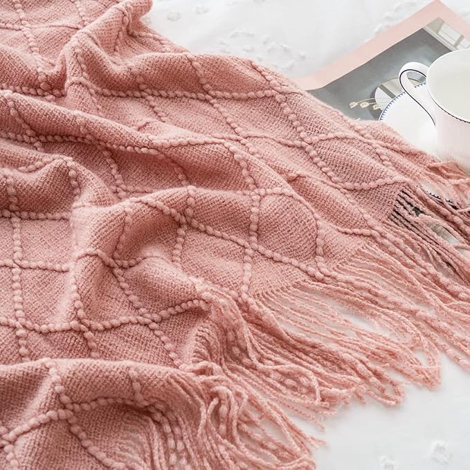 BATTILO HOME Blush Throw Blanket with Tassels, Pink Knit Blanket for Home Decor, Boho Style Textured Knitted Decorative Twin Blanket for Couch, Sofa &Bed, 52"x80"