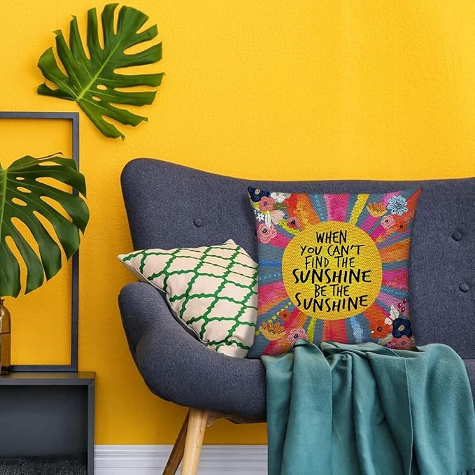 Littlefa Be The Sunshine Throw Pillow Cover,Bright Motivational Pillowcase | When You Can't Find The Sunshine Be the Sunshine Pillow Cover Decorative, Affirmation Colorful Throw Pillow Cover, 18×18 In
