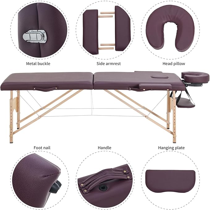 Artechworks Massage Table Massage Bed Portable Lash Bed for Eyelash Extensions Beauty Tattoo Table Adjustable for Spa Salon,Lightweight (Wine Red, 2 Folding No Bag)