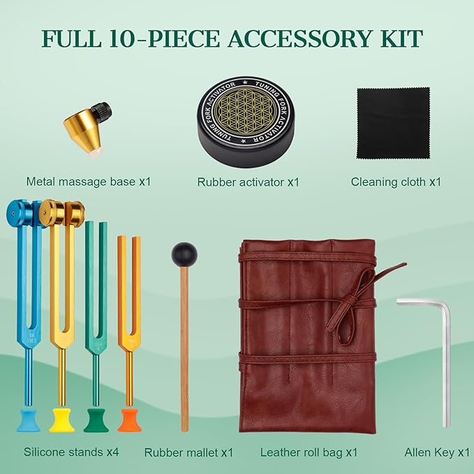 Tuning Forks for Healing Set,4-Color Tuning Forks (136.1Hz,128Hz,256Hz,384Hz),Weighted & Unweighted Resonance Sound Healing Tuning Fork Set with 10 Accessories,for Stress Relief,Sleep & Chakra Balance