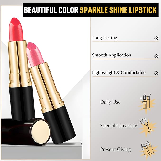 Metallic Lipstick Red Glitter Lip Stick, Long Lasting Waterproof Shimmer Lipstick for Women Makeup Tinted Lip Balm Creamy Diamond Smooth Full Coverage Lip Color Lightweight Non Stick Cup