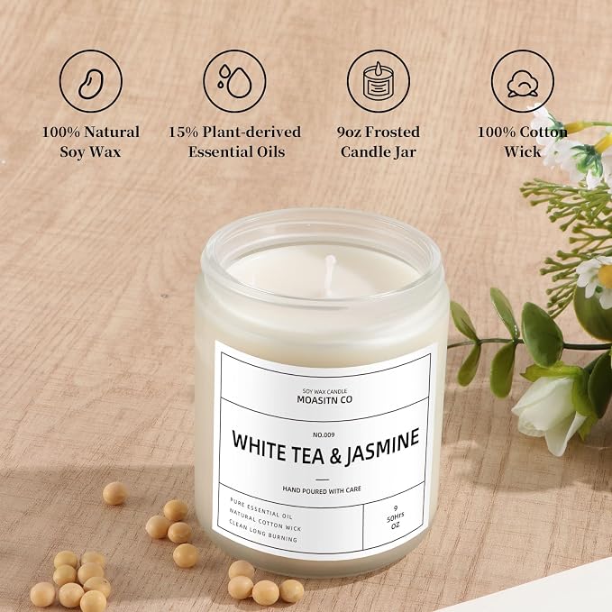White Tea & Jasmine Candle for Home Scented| Natural Soy Non Toxic Candles| Long Clean Burning Aromatheraphy Jar Candel| Women,Men Gift for Autumn,Winter, Halloween,Relaxing| 9oz