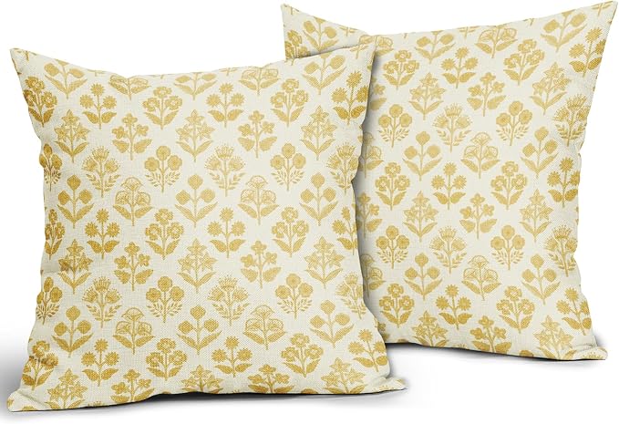 Yellow Floral Pillow Covers 24x24 Inch Set of 2, Vintage Flower Block Print Pattern Decorative Throw Pillowcases Outdoor Farmhouse Cushion Covers Spring Summer Rustic Sofa Couch Bed Decor