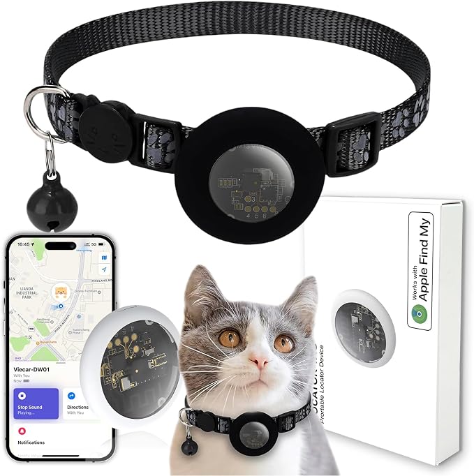 GPS Tracker for Cats, Mini GPS Pet Tracker with Collar, IPX8 Waterproof Cat Trackers Collar,No Monthly Fee,Work with Apple Find My(iOS Only),Smart Trackers for Pets-Black-4