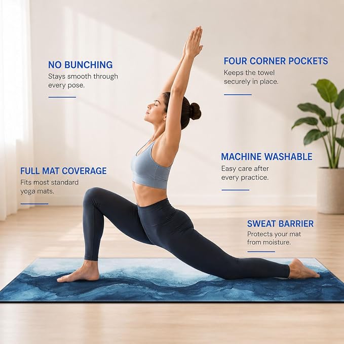 Yoga Mat Towel, Hot Yoga Non Slip with 4 Corner Pockets, 70 x 26 in | Soft Absorbent Microfiber With Four Corner Pockets, Fits Over Yoga Mats For Hot Yoga, Pilates, Gym, And Travel