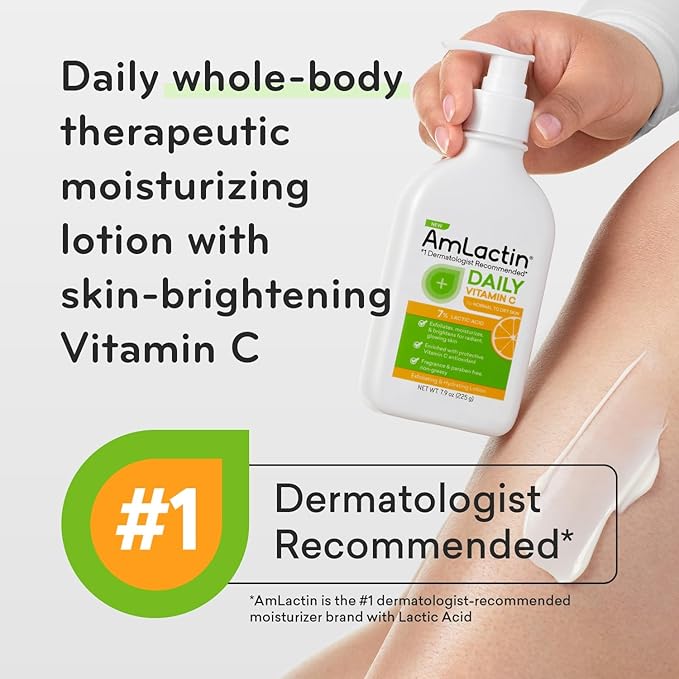 AmLactin Daily Vitamin C Lotion – Brightening Body Lotion for Dry Skin - No-Scrub Exfoliator and Moisturizer with 7% Lactic Acid AHA and Vitamin C, 7.9 oz (Packaging May Vary)