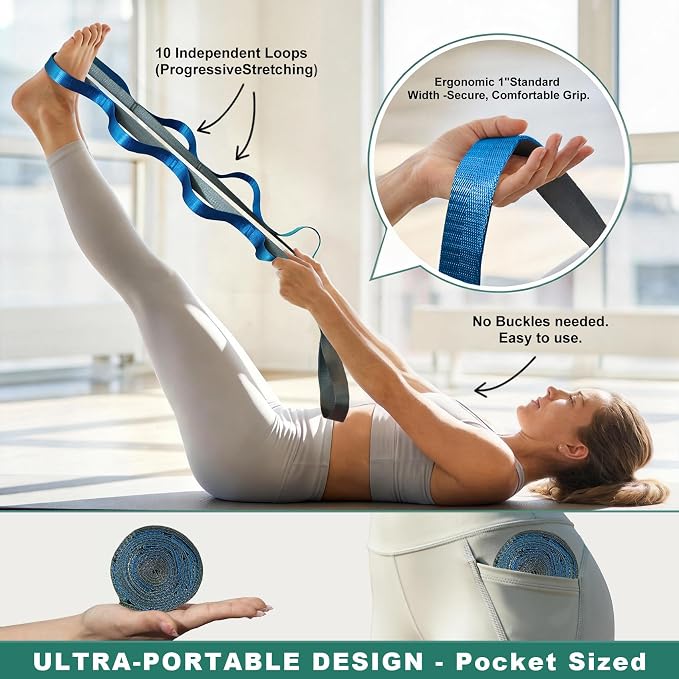Acozycoo Stretching Strap with Loops,Non-Elastic Yoga Strap for Physical Therapy,Knee Replacement Recovery & Plantar Fasciitis,Leg Stretcher Band for Flexibility & Hamstring Rehab