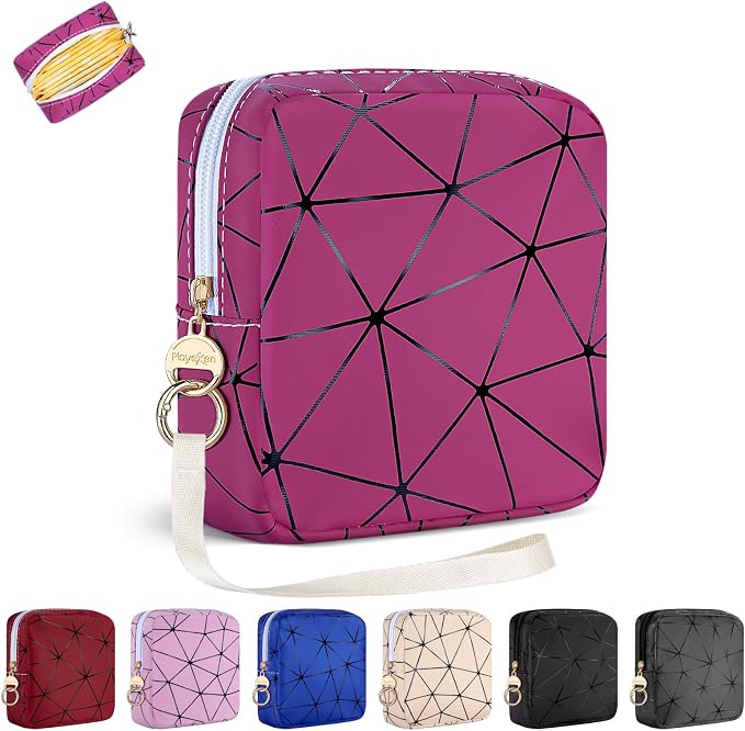 Period Bag for Teen Girls, PU Leather Sanitary Napkin Storage Bag, Menstrual Pad Bag Period Pouches Tampon Holder for Purse (Rose Red)