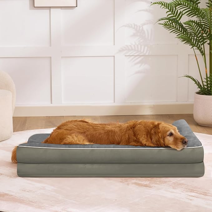 Orthopedic Dog Bed for Medium Size Dog, 36"x27"x6.5", Olive Green | Waterproof, Washable Cover, L-Shaped Pet Couch, Egg-Crate Foam for Pressure Relief, Portable Handle