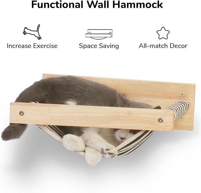 FUKUMARU Hammock Wall Mounted Cat Beds and Perches | Wooden Kitten Walls Furniture, Stable Cats Shelves, For Sleeping, Playing, Climbing, Lounging, Black Stripe