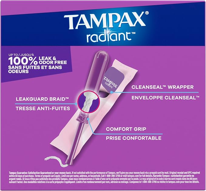 Tampax Radiant Tampons, with LeakGuard Braid, Light Absorbency, Up to 100% Leak and Odor Free Protection, Unscented, 84 Count (3 Packs of 28)