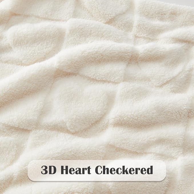 NEWCOSPLAY 3D Heart Checkered Flannel Twin Blanket, Ivory Love, 60"x80" | Super Soft Cute Lightweight Decorative Premium Silky Fleece Blanket for Couch Sofa Bed, Gift for Women Men, All Season Use