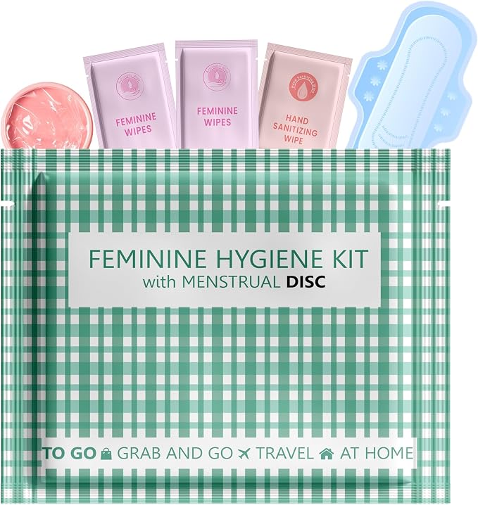 Menstrual Disc Kit with Pad – Single Pack | Convenient On-The-Go Period Essentials | Includes Pads, Feminine Wipes, and Hand Wipe for Complete Hygiene Care (Green Plaid)