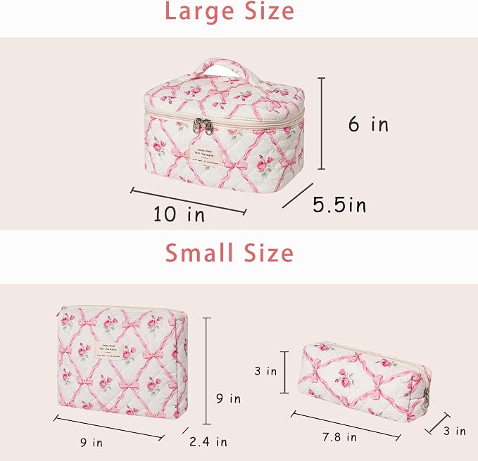 uekeboag Large Travel Quilted Makeup Bag for Women, Floral Cotton Cosmetic Bag, Coquette Aesthetic Floral Toiletry Organizer Bag
