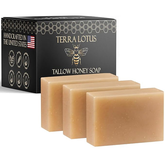Terra Lotus - Organic Tallow Soap with Organic Castor Oil & Raw Honey - Hydrating & Nourishing - 3 Pack (Unscented)