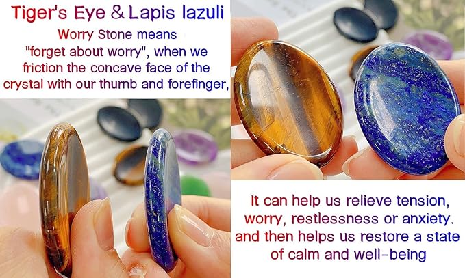 QINJIEJIE 2PCS Worry Stones for Anxiety Tiger's Eye Lapis Lazuli Crystals Hand Carved Thumb Stones Pocket Meditation Oval Shaped Crystal Natural Reiki Relax Palm Stone Gift for Men