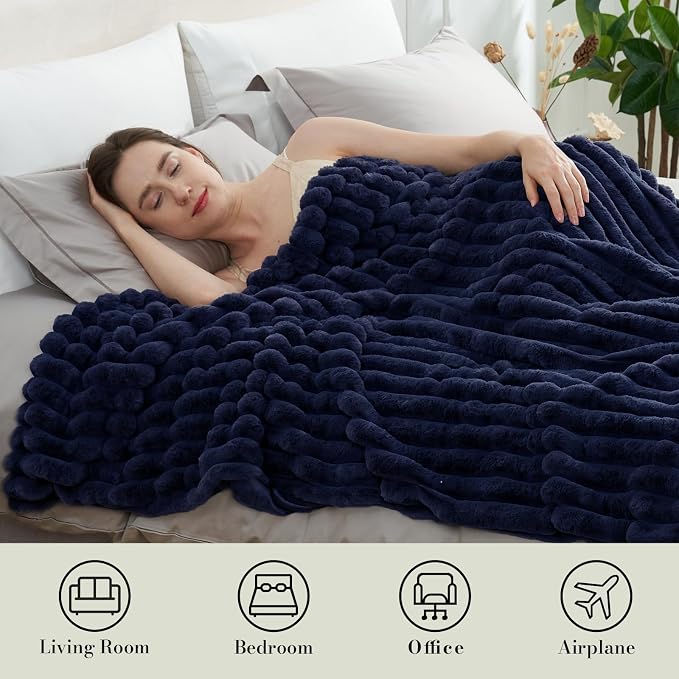 Faux Fur Throw Blanket for Couch, Cozy Fuzzy Fluffy Fur Luxurious Soft Striped Plush Gift Blankets for Family Sofa Chair Bedroom, 55"x70", Navy Blue