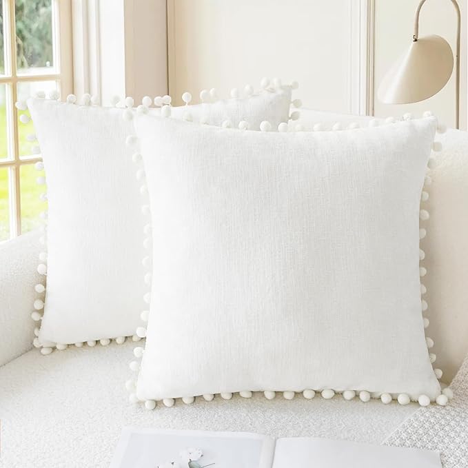 CaliTime Decorative Couch Throw Pillow Covers 22 X 22 Inches True White | Pack of 2, Cozy Chenille Cushion Cases, with Pom Poms for Sofa Bed Living Room Farmhouse Home