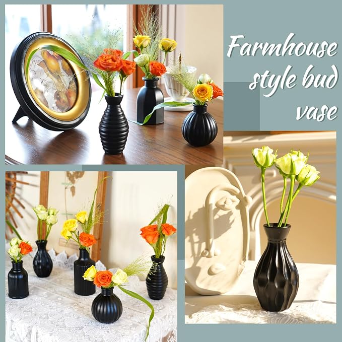 Black Vase, Bud Vases Set of 12 Small Glass Vase for Decor Centerpieces | Matte Ribbed Modern Vintage Flower Vases for Wedding Party Table Decoration Home Decor in Bulk