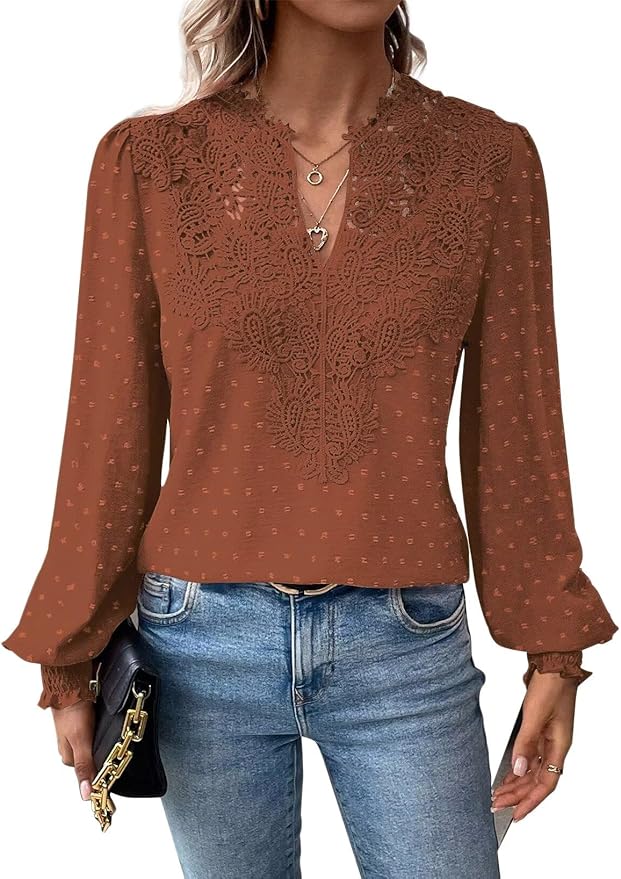 Womens Tops Swiss Dot Boho Long Sleeve Shirts V Neck Casual Chiffon Blouses Flowy Lace Hem Cute Clothing Trendy 2026