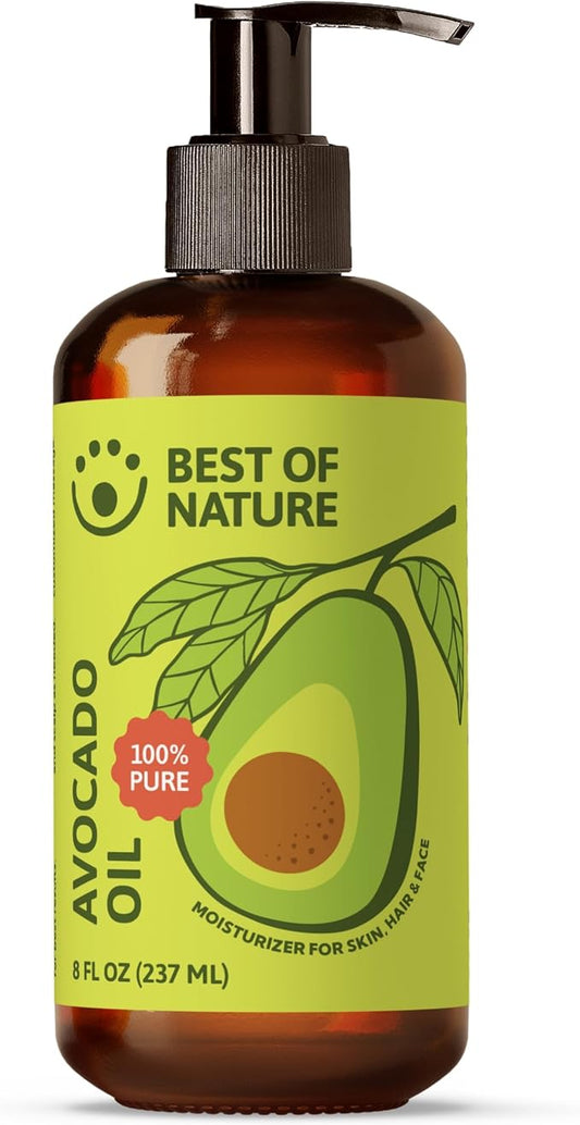 Best of Nature 100% Pure Avocado Oil – Natural Massage Oil, Moisturizing Body & Hair Oil, Unscented Skincare & Carrier for Essential Oils, Bulk Size Available (8 Fl Oz)