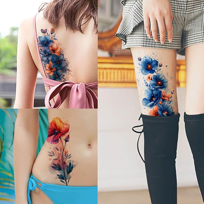 GLARYYEARS Temporary Tattoos for Women Girls, 45-Pack Large&Small Fake Tattoos, Long-lasting Flower Floral Butterfly Tattoo, Variety Pack Realistic Tattoos 3D, Cool on Arm Leg Wrist Hand Body