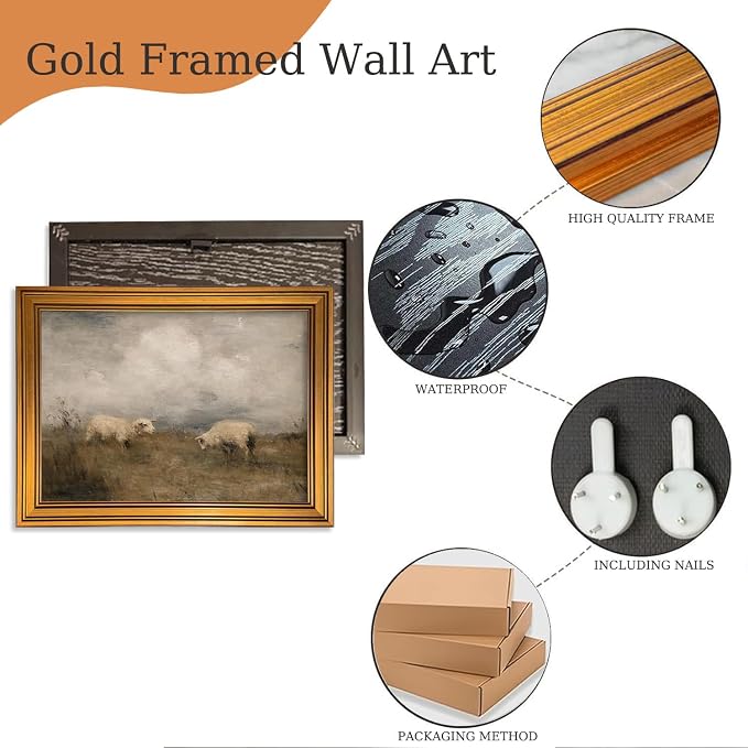 ZLPLLHA Gold Framed Wall Art Vintage Wall Decor Sheep Canvas Art Animal Pictures Rustic Landscape Paintings Scenery Artwork Farmhouse Prints For Living Room Bedroom Office