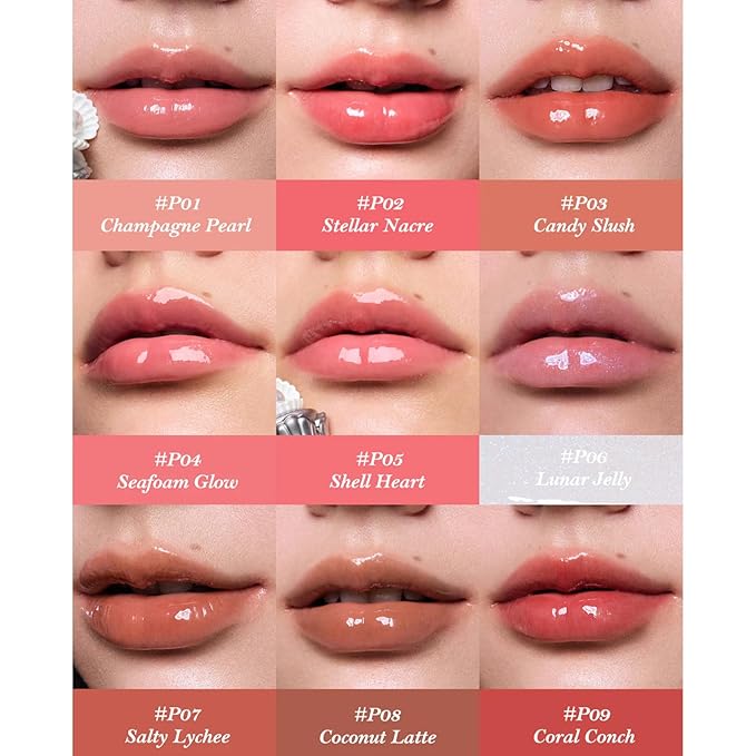 Flower Knows Shell's Jewel Nourishing Lip Glaze,Hydrating Lip Gloss with Hyaluronic,Moisturizing Plumping Oil,Non-Sticky Formula,0.16 fl.oz(P05 Shell Heart)
