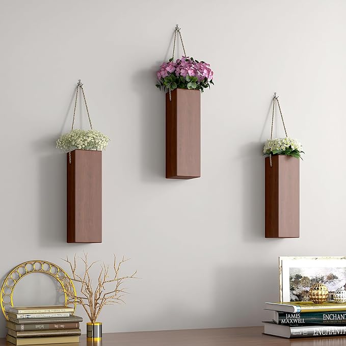 Wall Mount Wood Vase for Living Room,Modern Wood Planter Art Decor for Fake Plants Greenery Flowers,Farmhouse Bedroom Kitchen Dinning Bathroom Home Office Decoration (Brown)