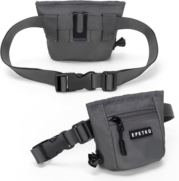 Dog Treat Pouch, Powerful Magnet Closure Device Dog Training Treat Bag Large Capacity Pet Treat Pouch with Poop Bag Dispenser Treat Bag for Dog Training with Metal Waistband Clip (Deep Gray)