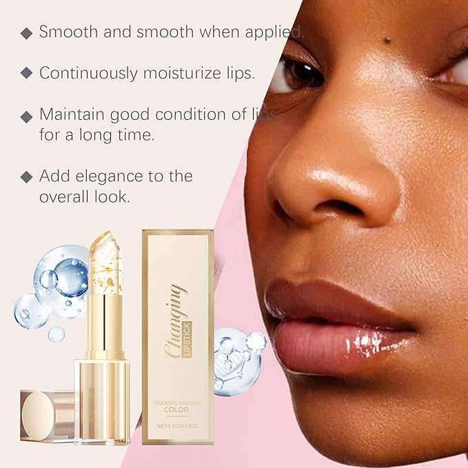 Color Changing Lipstick with Gold Foil, Long Lasting Waterproof Moisturizing Gloss, PH Activated Lip Balm, Non-Sticky Clear Lipstick for Women & Girls