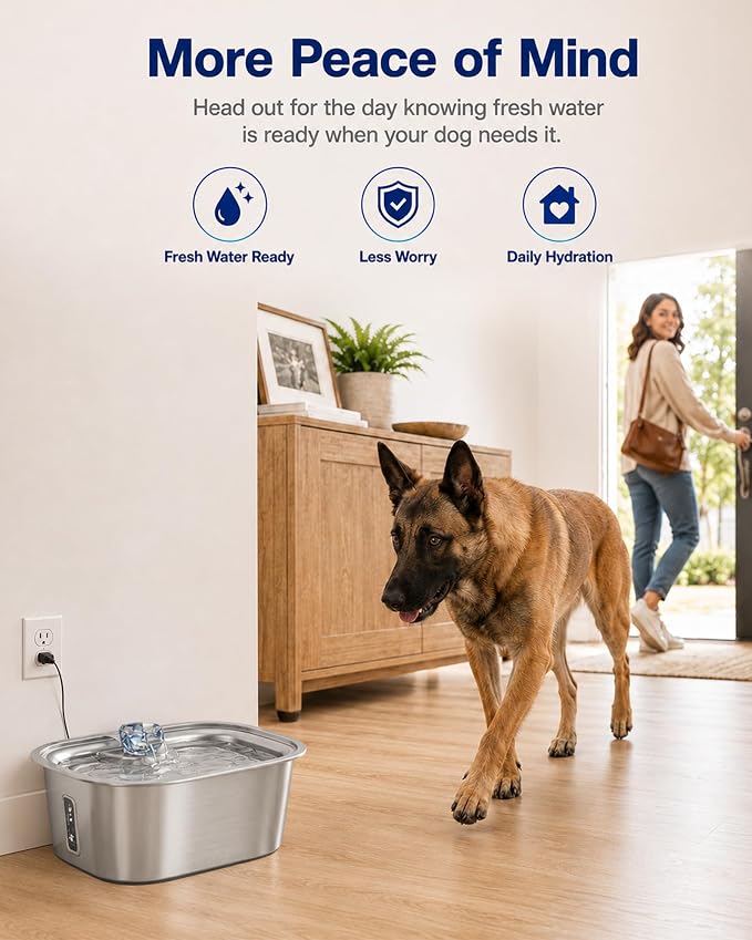 PETNF 2.1-Gallon Stainless Steel Dog Water Fountain for Large Dogs, Dog Water Bowl Dispenser with 4 Filters, Visible Water Window, Quiet Pump & LED Low-Water Indicator