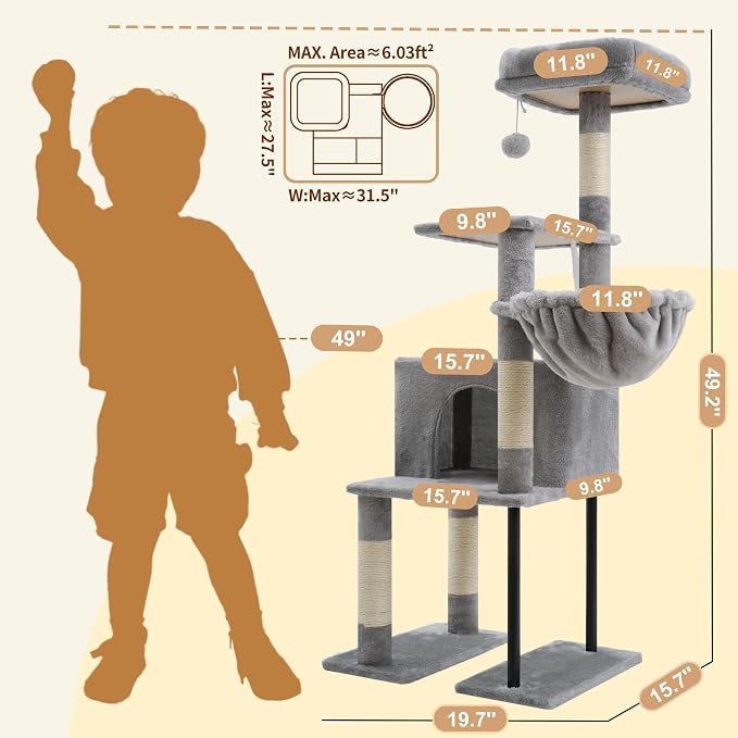 Heybly Cat Tree with Toy, 49.2 inch Cat Tower for Indoor Cats HCT200SW-1 | Spacious Cat House Condo with Hidden Space，Soft Plush Top Perch，Cozy Hammock and Sisal Scratching Posts, Light Gray