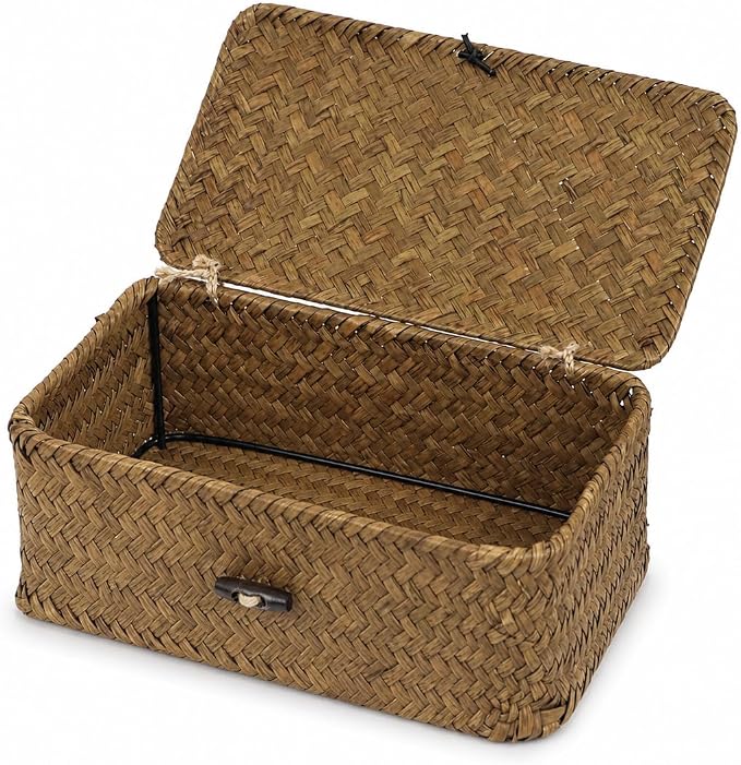 Seagrass Wicker Storage Basket with Lid, Small, Black | 9.05 x 5.11 x 3.34 Inch Box, Shelf Organizer, Rectangular Woven Bin, Small Item Storage, Decorative Color