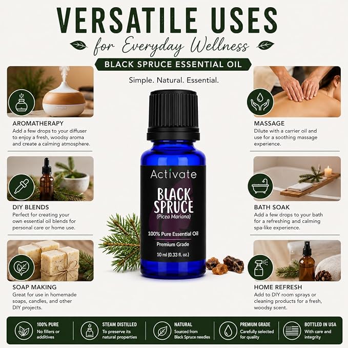 Black Spruce Essential Oil (Picea Mariana), 100% Pure Premium Grade, Steam Distilled Essential Oil for Diffusers, Aromatherapy, Massage, DIY Soap, Candle Making, Home Fragrance & Craft Projects, 10 mL