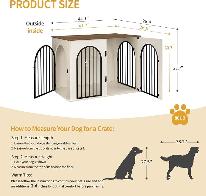 Hzuaneri 44.1'' Dog Crate Furniture,Dog Kennel Indoor for Medium/Large Dogs | Dog Kennel Furniture Wooden Dog Cage Heavy Duty Dog Crate Decorative Pet House End Side Table TV Stand,White Brown DFC83914B