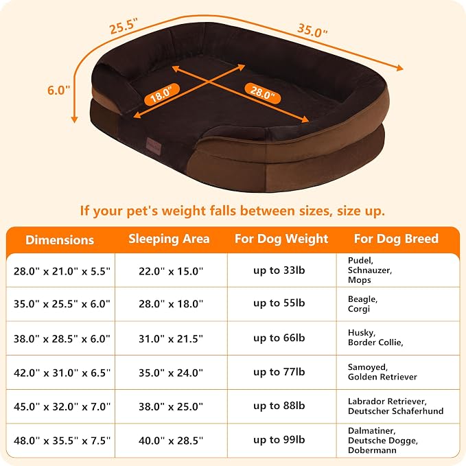 Dwanton Orthopedic Waterproof Medium Dog Bed Sofa, Gel Memory Foam, 36" | Egg-Crate Foam Dog Sofa, Washable Pet Bed with Four Sided Bolster Cushion, Removable Cover & Non-Slip Bottom, Brown