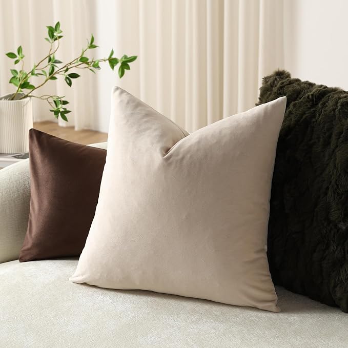 Throw Pillow Covers 18x18 Beige: Pack of 2 Cozy Soft Velvet Square Modern Luxury Decorative Throw Pillow Cases for Sofa Couch Living Room Bed Home Decor